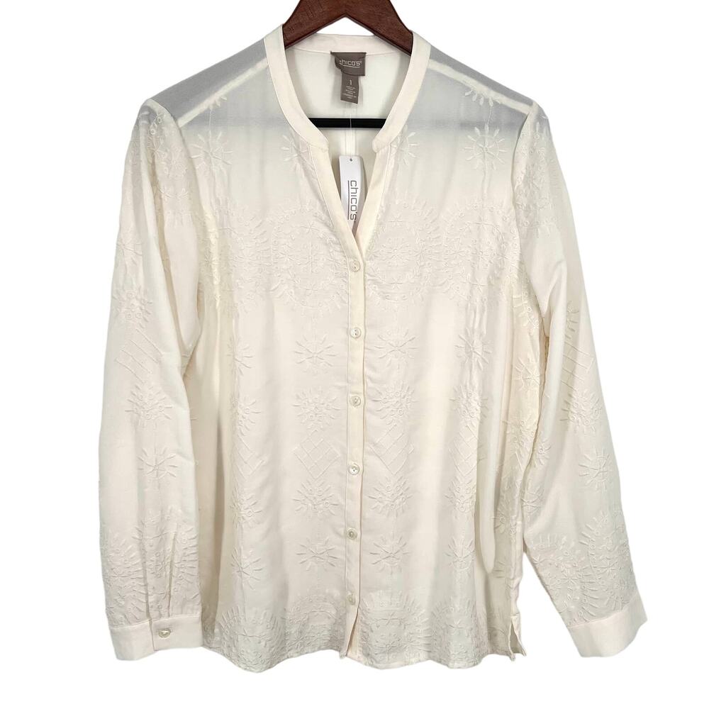 NEW NWT Chicos Embroidered White Long Sleeve Blouse Shirt Top Slightly Sheer - Picture 1 of 11